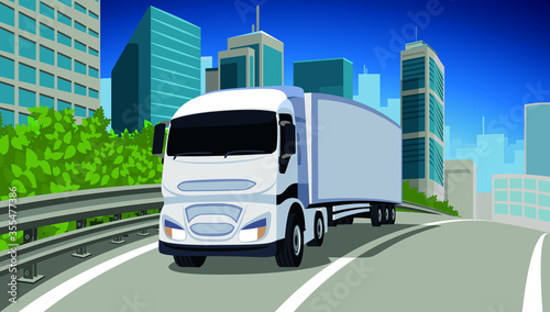 Freight truck travel on a highway, cross a megalopolis with skyscrapers, Road transport concept