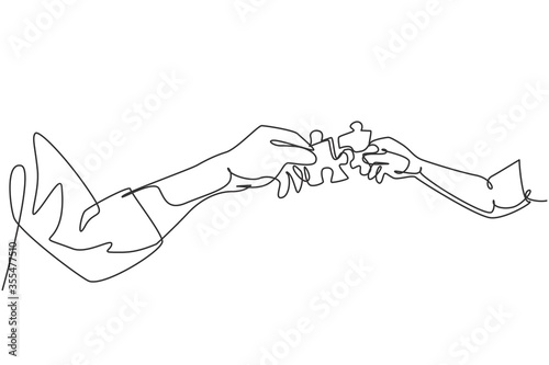 One line drawing of two hands holding puzzle pieces and want to merge together. Father or mother and son teamwork to build super family. Continuous line draw design, vector illustration graphic