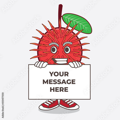 Rambutan Fruit cartoon mascot character with funny face hides behind a board