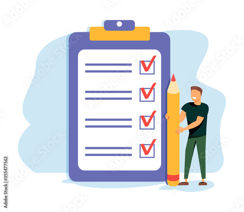 People Characters Filling Test in Customer Survey Form. Woman and Man putting Check Mark on Checklist. Customer Experiences and Satisfaction Concept. Flat Isometric Vector Illustration.