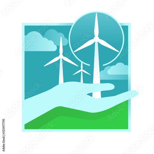 Renewable energy illustration - environmental protected technology  - hand holding alternative source of electricity - wind power plant  - vector conceptual icon or logo