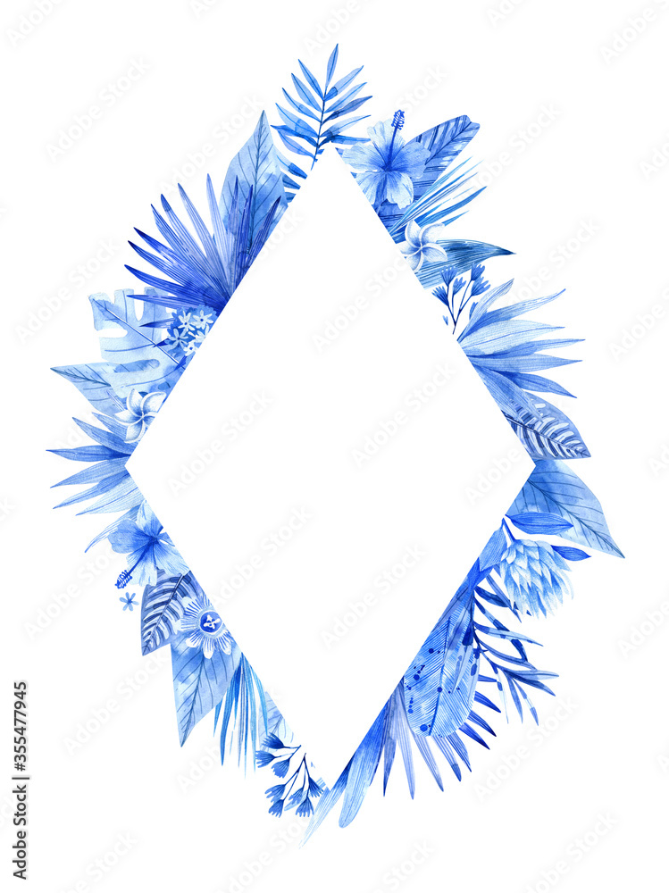 Watercolor tropical frame with flowers and leaves isolated on white background. Diamond-shaped tropical frame.