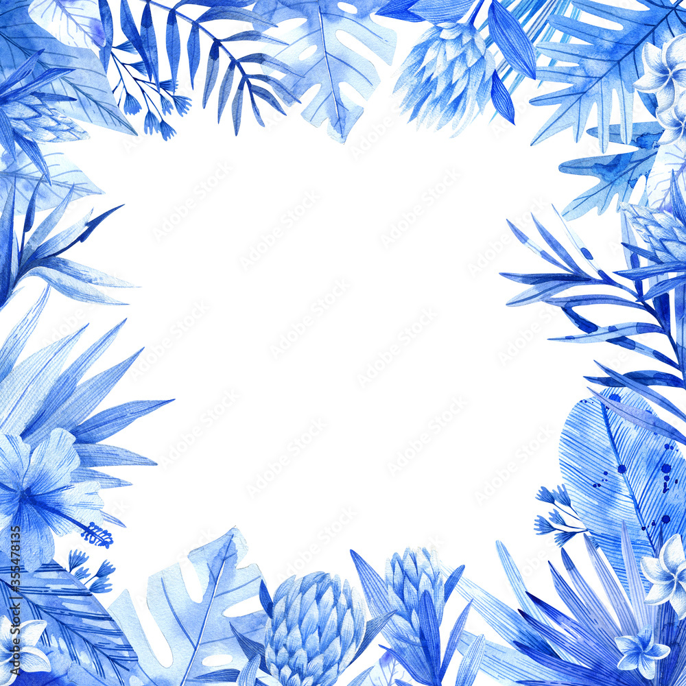 Square frame with tropical flowers and leaves painted by watercolor. Watercolor tropical frame isolated on white background.