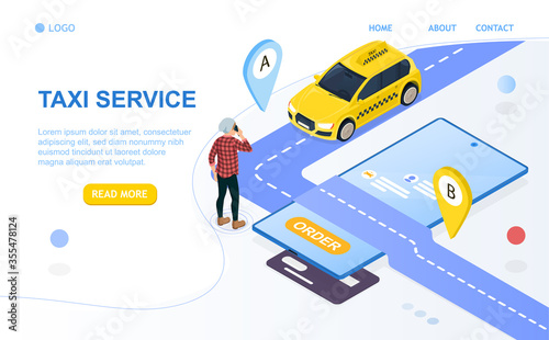 Taxi Online Service Concept. Mobile application for order taxi. The passenger orders cab via smartphone. The car nearest way comes to the customer. High Quality 3d Isometric Vector Illustration Style
