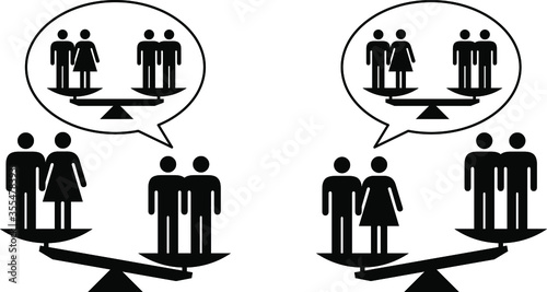 People icons - social equality concept - hypocrisy of claiming equality when there is none. Heterosexual marriage/partnership vs gay male marriage/partnership.