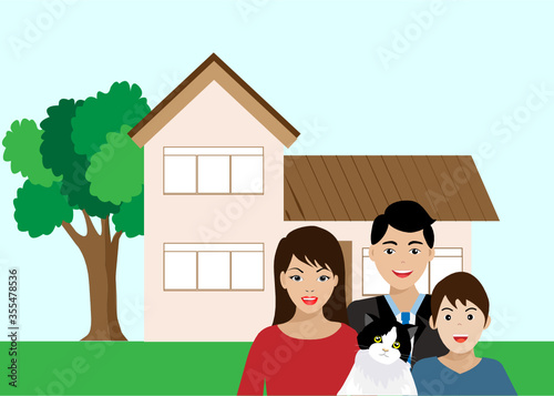 Family member, father, mother, son and cat with smiling face are in front of beautiful house. Vector Illustration.  Idea for people dream to have own house or home loan, real estate mortgage concept.