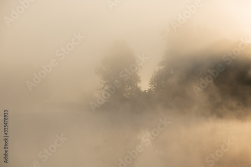 Silhouettes of Trees on the River Bank in the Mist at Dawn.