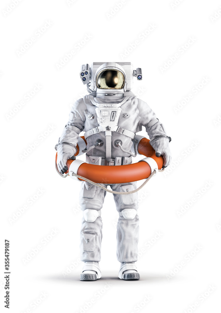 Astronaut needs rescue / 3D illustration of space suit wearing male figure  holding orange emergency life ring isolated on white studio background  ilustración de Stock | Adobe Stock