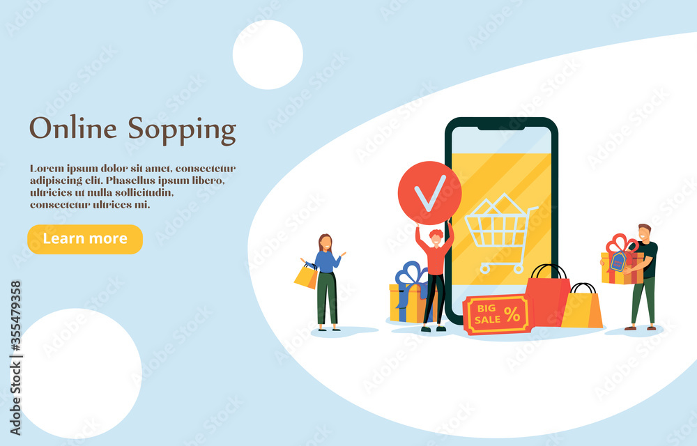 Happy couple doing online shopping together and carrying shopping bags, they used a retail app on a smartphone and purchased goods in a virtual store