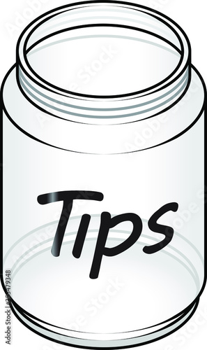 An empty glass tip jar with "Tips" handwritten on the side.