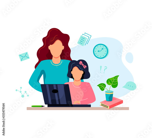 Home learning concept. Mother is helping student to do homework. Flat cartoon style design. Vector illustration