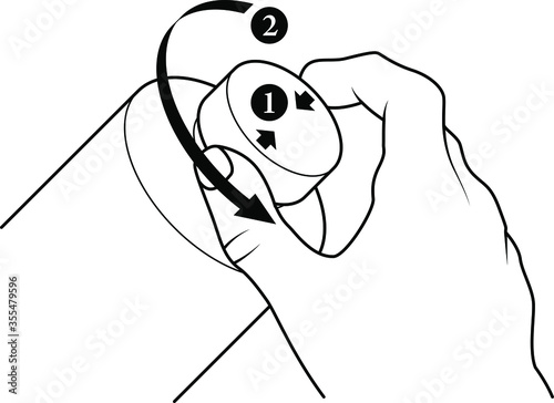 Diagram showing two-step process to open a child-proof / child-resistant bottle top. Pinch-in and twist.