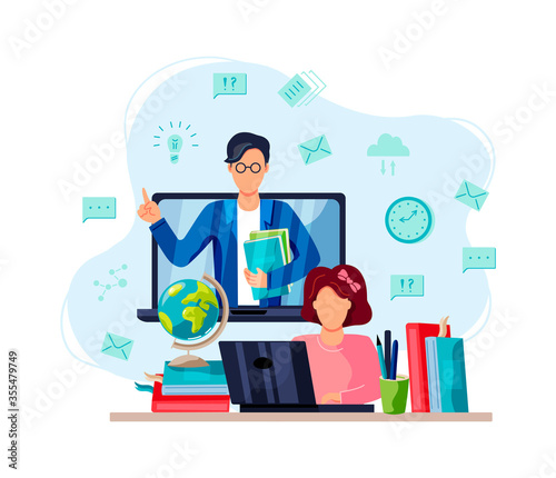 Online education, home schooling concept. Student is doing homework on computer. Male teacher on laptop screen. Vector illustration on white background. Flat cartoon style design.