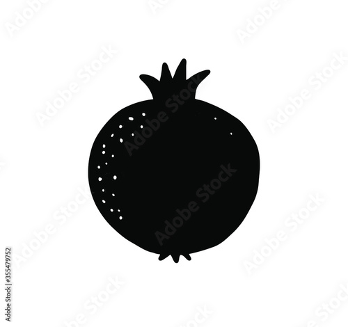 Pomegranate fruit on a white background.Abstract vector grunge silhouette drawing of a pomegranate fruit .Black and white isolated illustration.Summer print design for t-shirts.Decoration element.