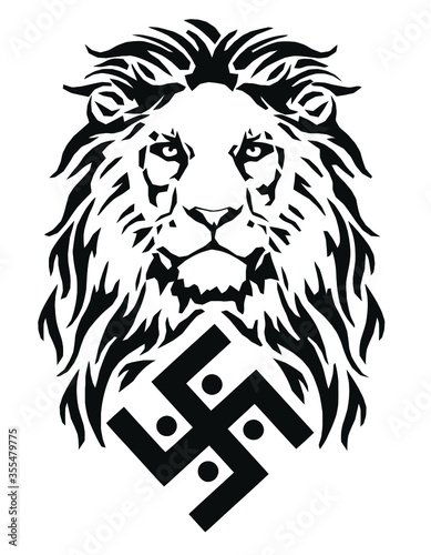 The lion and the symbol of the Indian religion of Jainism - the swastika, drawing for tattoos, on a white background, vector