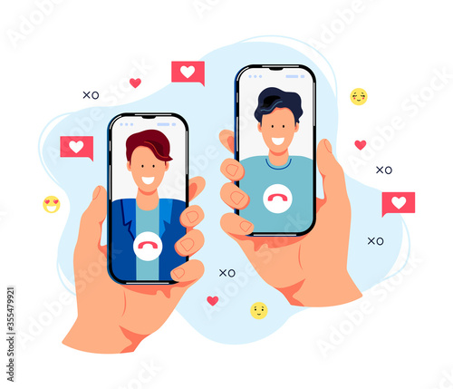 Two male persons are chatting on smartphones. Online dating concept. Flat cartoon design vector illustration.