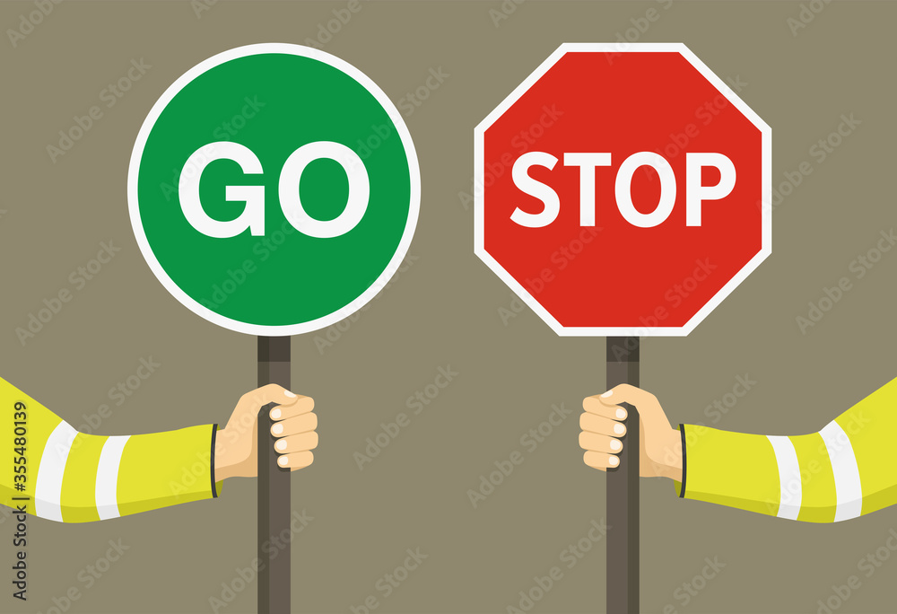 Vecteur Stock Outdoor worker holding stop and go sign. Hand hold