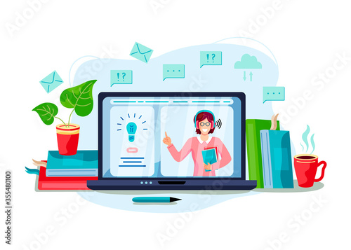 Online education, home schooling concept. Female teacher on laptop screen. Vector illustration isolated on white background. Flat cartoon style design.