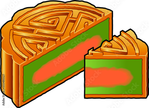 A cut baked Chinese moon cake with a golden pastry shell and a sweet filling of jade bean paste and custard.