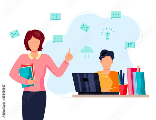 Female teacher and student is studing on computer. Flat cartoon style design vector illustration.