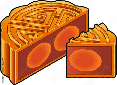 A cut baked Chinese moon cake with a golden pastry shell and a sweet filling of lotus paste and dual salted egg yolks.