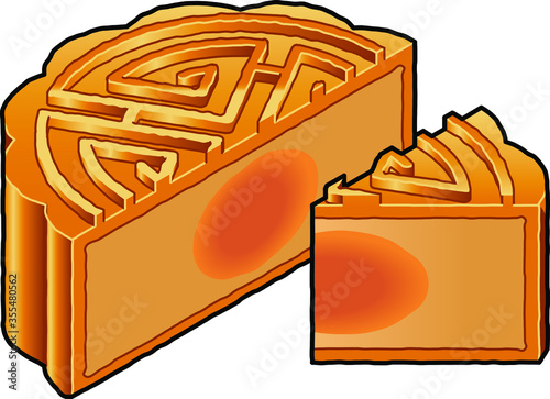 A cut baked Chinese moon cake with a golden pastry shell and a sweet filling of white lotus paste and a salted egg yolk.