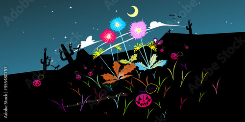 Halloween night background. Halloween night party. Colorful night dandelions vector illustration. 