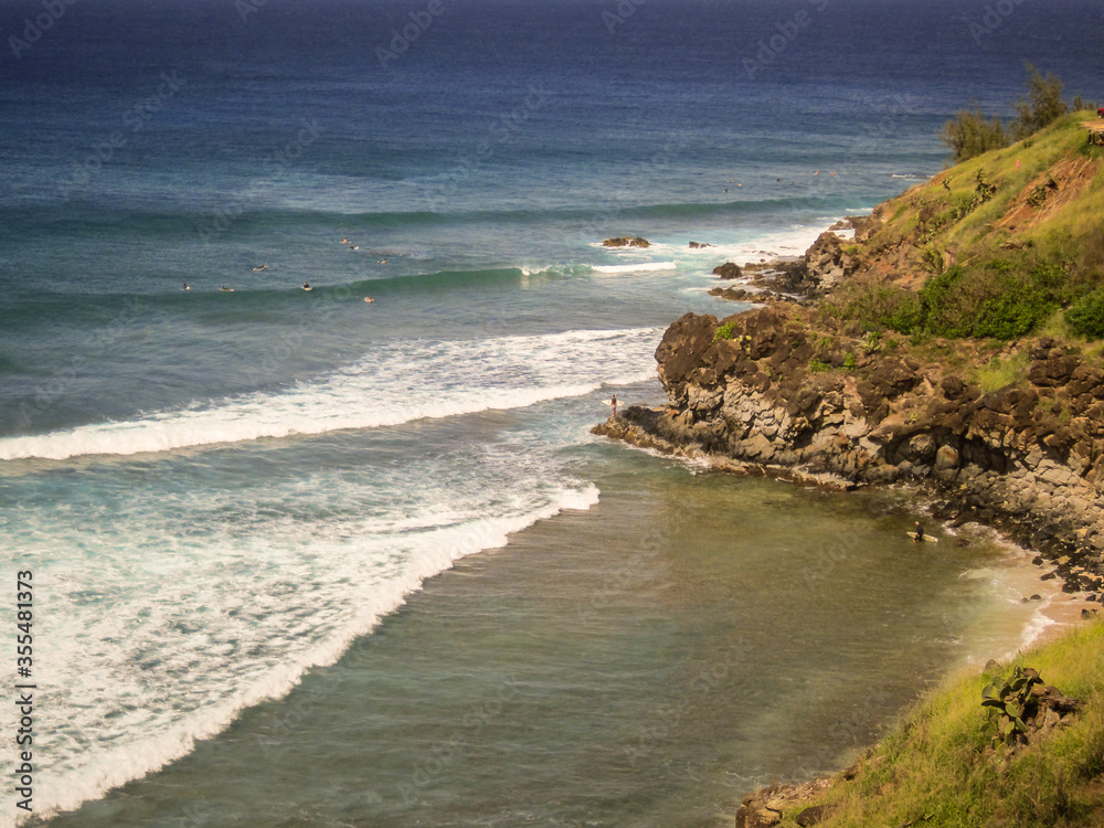 View from above Beach.  Small waves on Pacific Island in Hawaii
