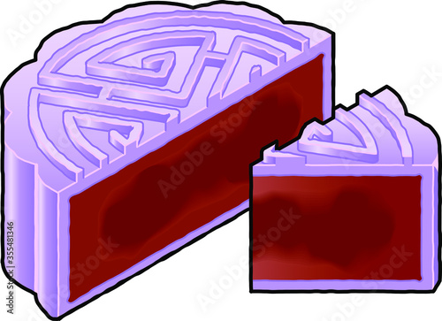 A cut snow skin Chinese moon cake with a purple/yam glutinous rice shell and a sweet filling of red bean paste.