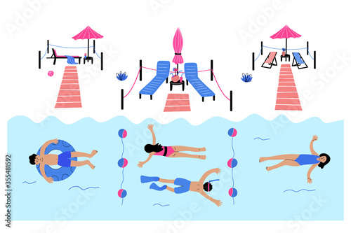 Vacation and social distancing on the summer beach. Isolated places  with loungers and umbrellas. Public safety in pandemic time. Keep the distance concept. Vector illustration isolated on white.