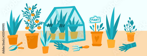 Greenhouse with potted garden plants vector illustration, cute scandinavian Hygge style. Glass green house seasonal greeting card. Small conservatory with growing potted plants on the table