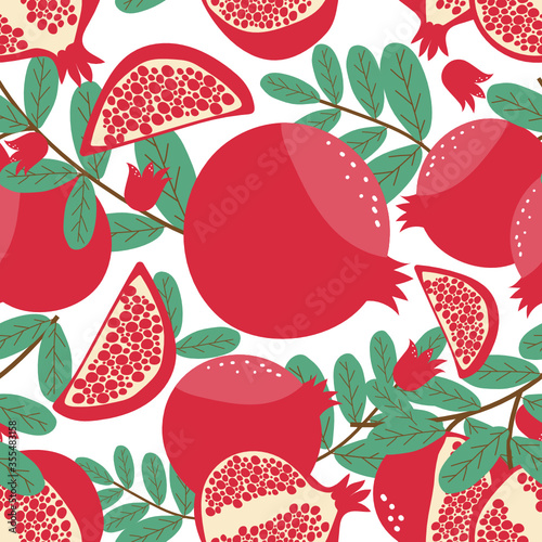Seamless pattern  pomegranate fruits with leaf on white background. Vector illustration.