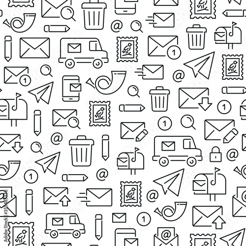Seamless pattern with mail. Black and white thin line icons