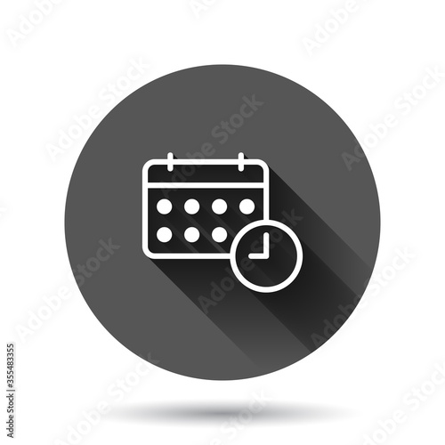 Calendar icon in flat style. Agenda vector illustration on black round background with long shadow effect. Schedule planner circle button business concept.