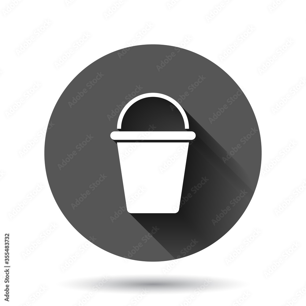 Bucket icon in flat style. Garbage pot vector illustration on black round background with long shadow effect. Pail circle button business concept. Bucket icon in flat style. Garbage pot vector illustration on black round background with long shadow effect. Pail circle button business concept.