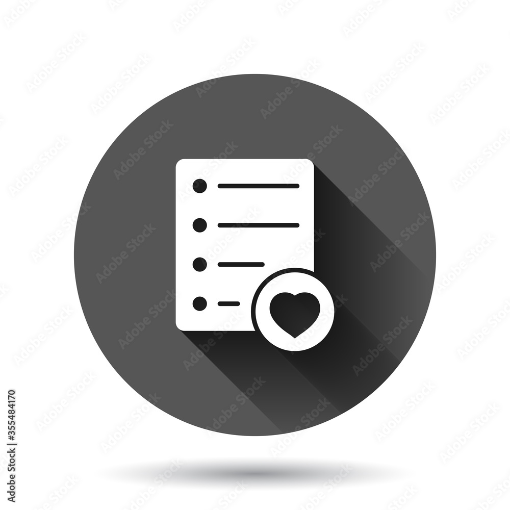 Wishlist icon in flat style. Like document vector illustration on black round background with long shadow effect. Favorite list circle button business concept. Wishlist icon in flat style. Like document vector illustration on black round background with long shadow effect. Favorite list circle button business concept.