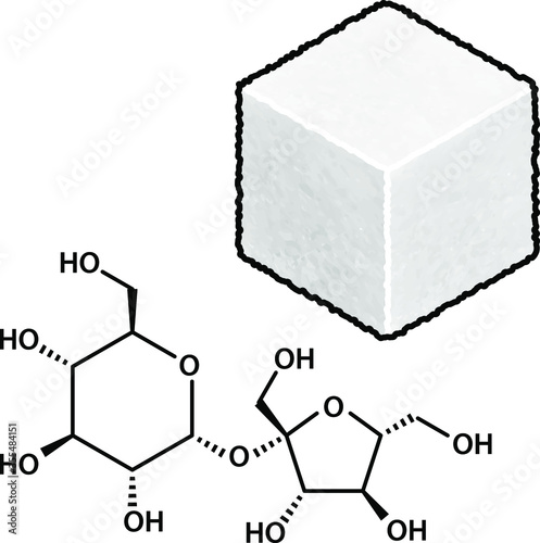 A white sugar cube with a subtle texture and the chemical formula for sucrose.