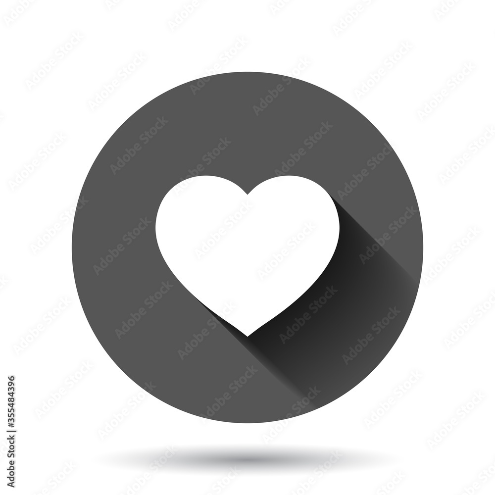 Heart icon in flat style. Love vector illustration on black round background with long shadow effect. Romantic circle button business concept.