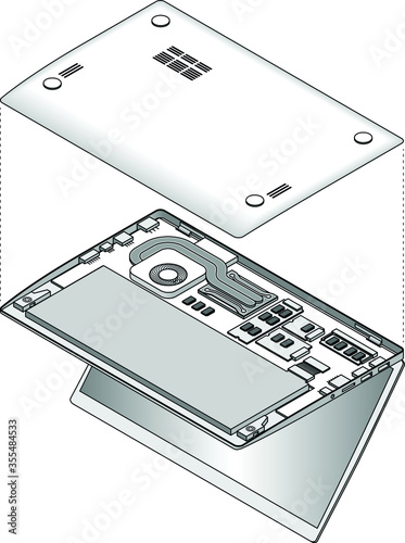 Line-art detailed isometric drawing of a laptop computer with bottom cover removed to show components.