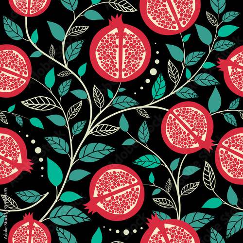 Seamless pattern  pomegranate fruits, Seed with leaf on black background. Vector illustration.