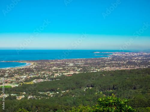 Panoramic view of Wollongong Sydney Australia from Bulli Lookout on a sunny winters day blue skies 