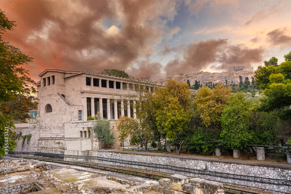 Ancient Agora of Athens in Greece against a cloudy sky