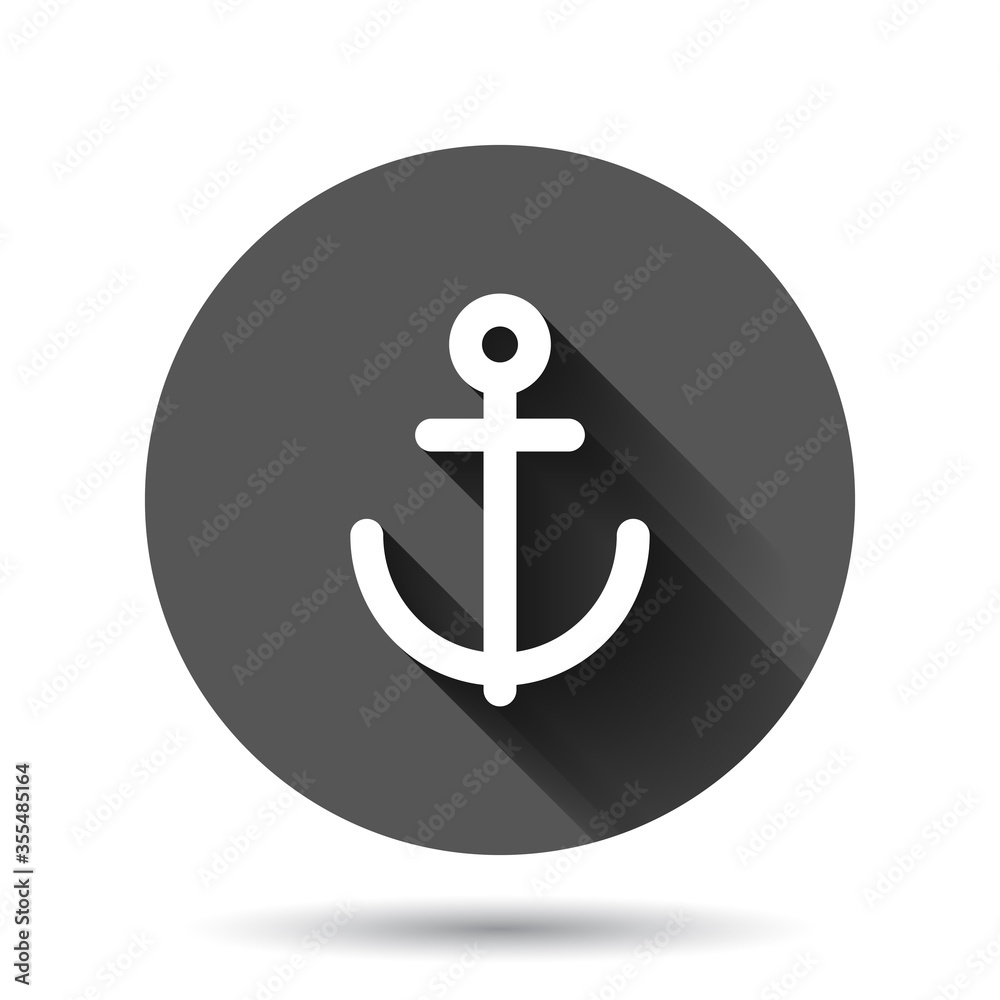 Boat anchor icon in flat style. Vessel hook vector illustration on black round background with long shadow effect. Ship equipment circle button business concept. Boat anchor icon in flat style. Vessel hook vector illustration on black round background with long shadow effect. Ship equipment circle button business concept.