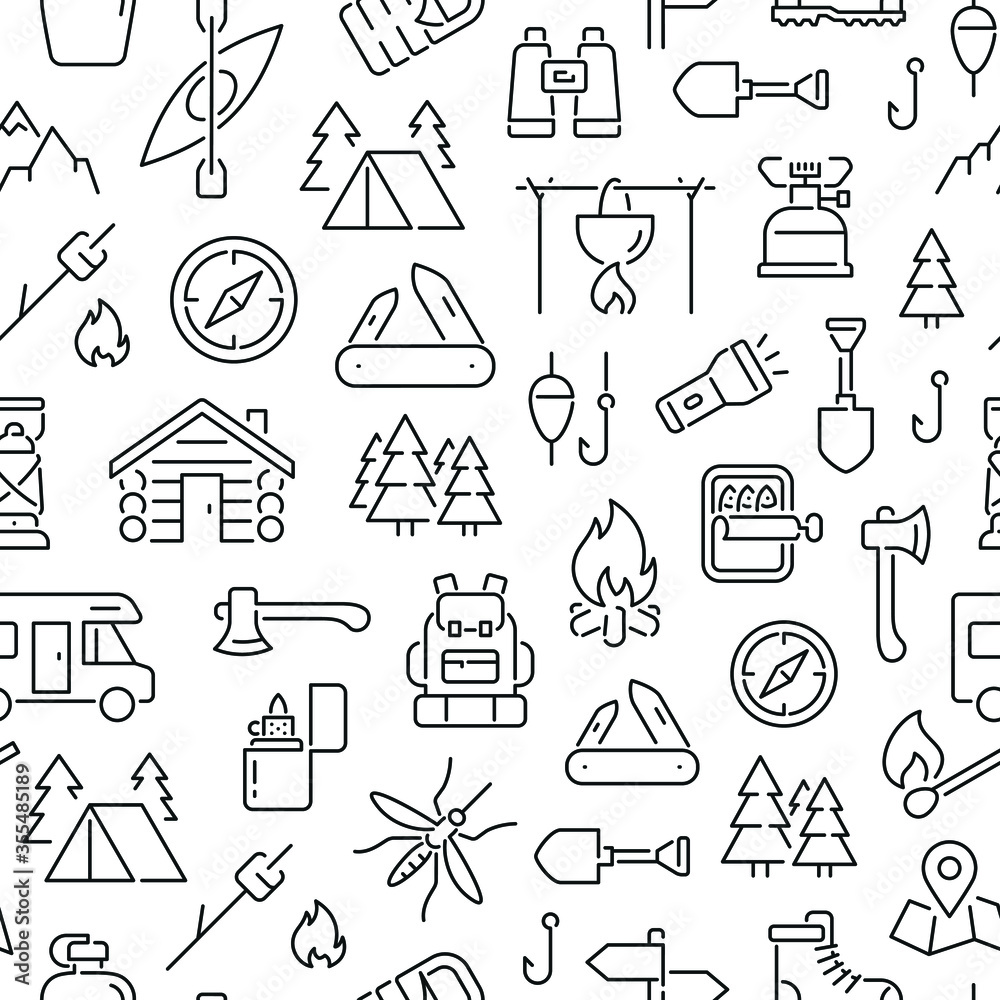 Seamless pattern with outdoor and camping. Black and white thin line icons Seamless pattern with outdoor and camping. Black and white thin line icons