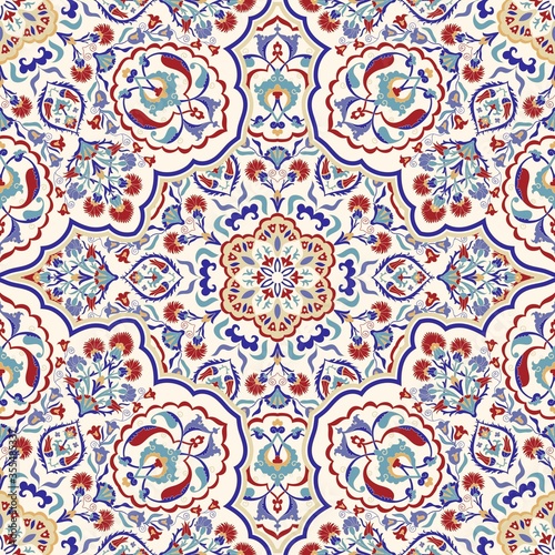 Seamless colorful pattern with mandala. Vintage decorative element. Hand drawn pattern in turkish style. Islam, Arabic, Indian, ottoman motif. Vector illustration