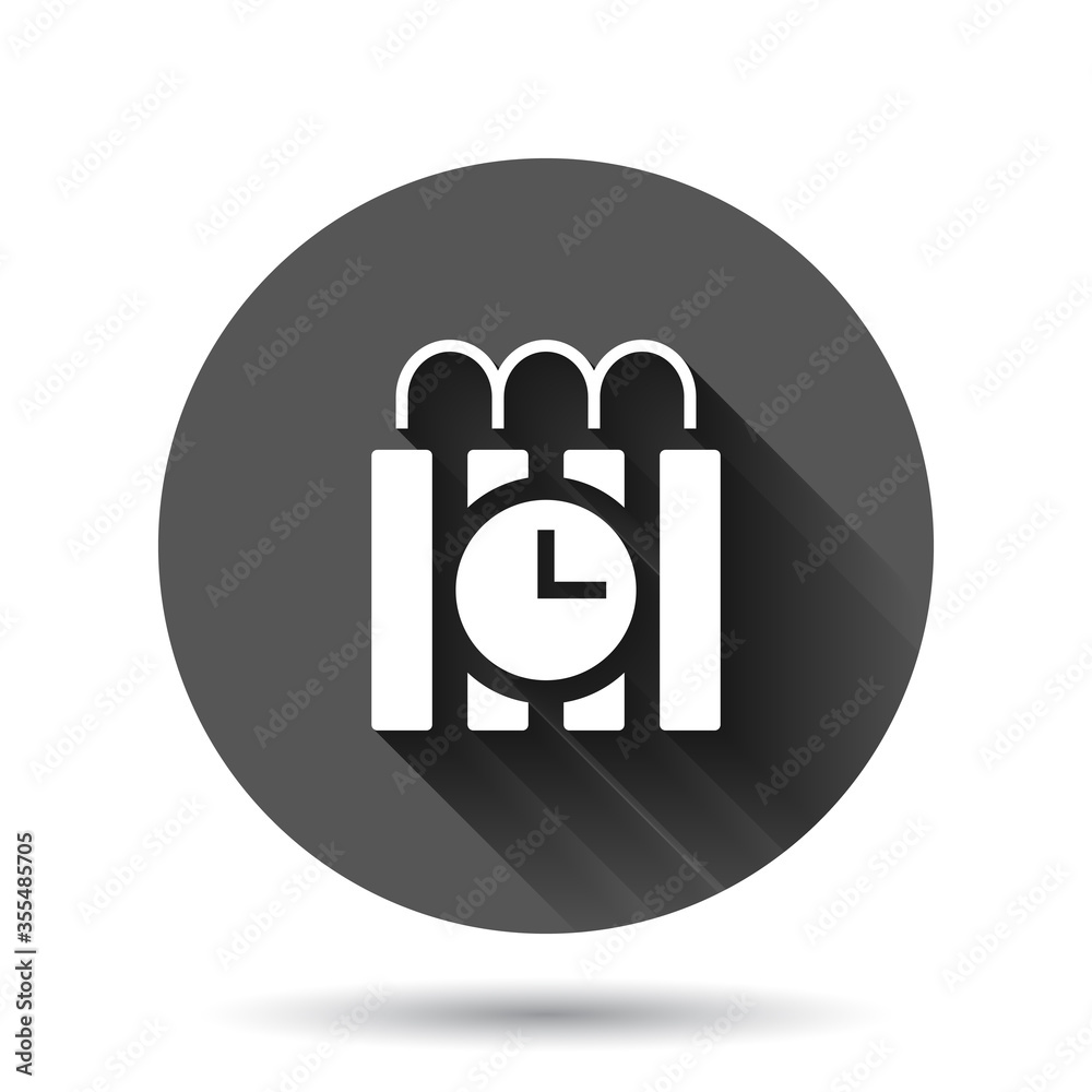 Bomb icon in flat style. Dynamite vector illustration on black round background with long shadow effect. C4 tnt circle button business concept. Bomb icon in flat style. Dynamite vector illustration on black round background with long shadow effect. C4 tnt circle button business concept.