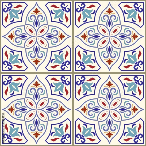 Seamless colorful patchwork in turkish style. Hand drawn background. Azulejos tiles patchwork. Portuguese and Spain decor. Islam, Arabic, Indian, ottoman motif. Perfect for printing on fabric or paper