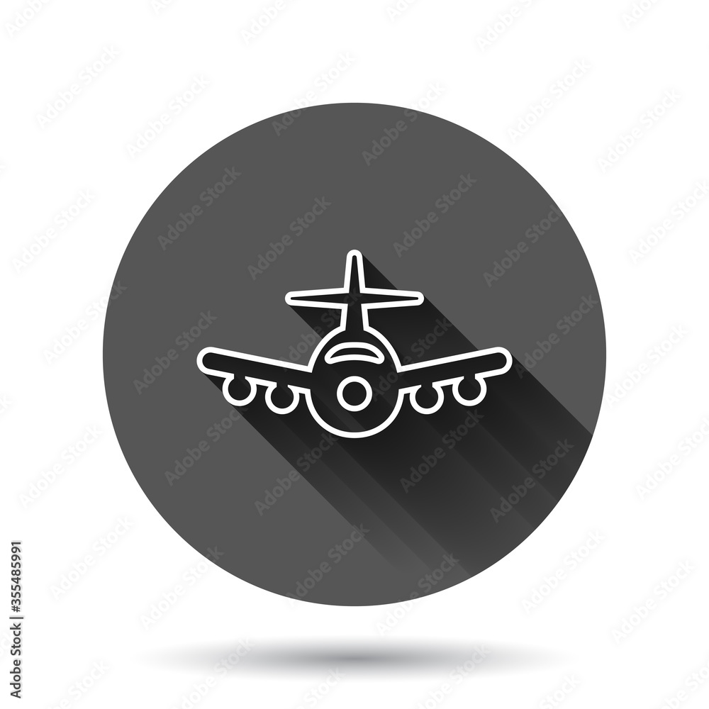 Plane icon in flat style. Airplane vector illustration on black round background with long shadow effect. Flight airliner circle button business concept. Plane icon in flat style. Airplane vector illustration on black round background with long shadow effect. Flight airliner circle button business concept.