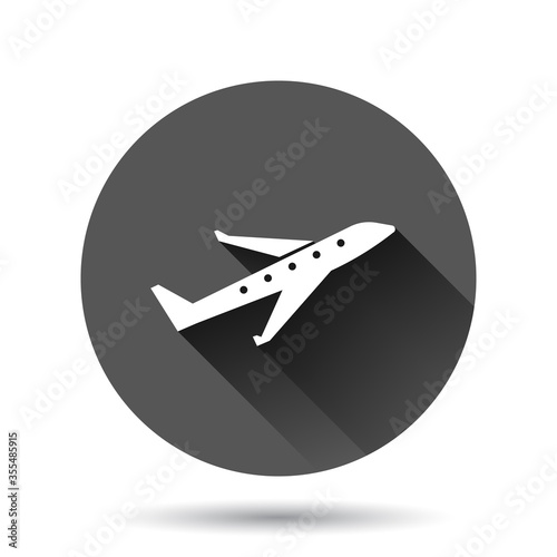 Plane icon in flat style. Airplane vector illustration on black round background with long shadow effect. Flight airliner circle button business concept.