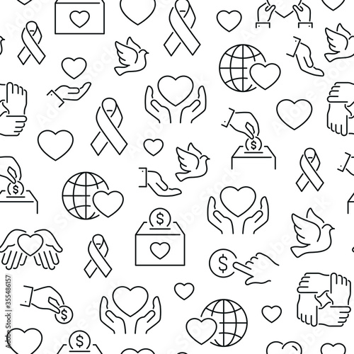 Seamless pattern with support and donation. Black and white thin line icons